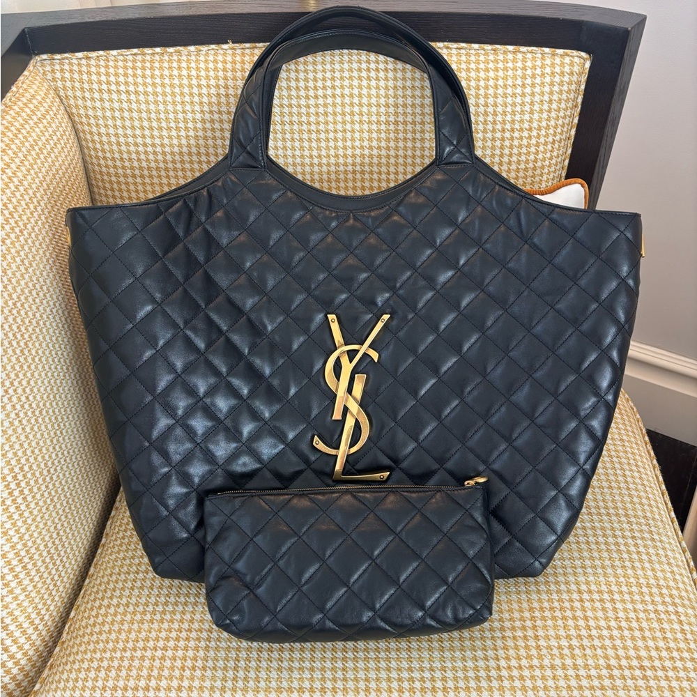 Yves Saint Laurent Icare Black Quilted Tote Bag with Pouch